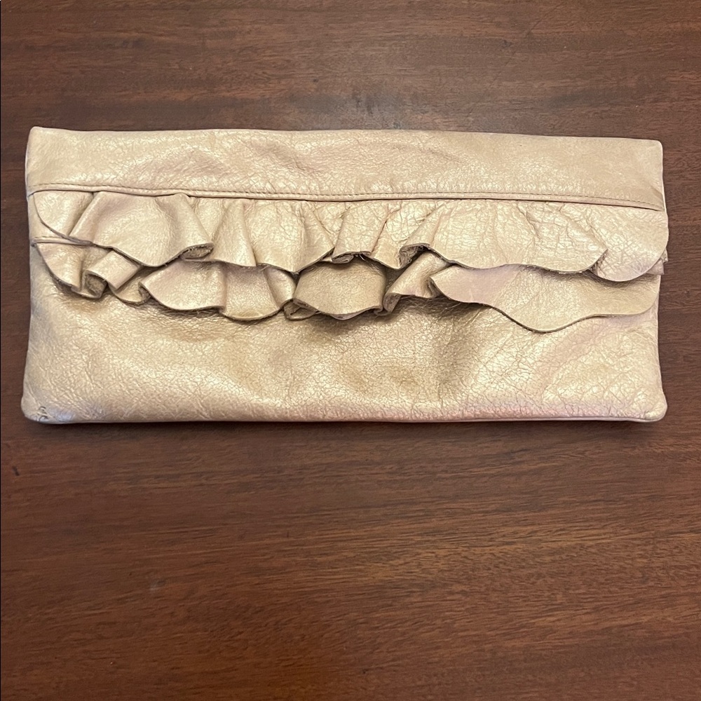 Ruffled Metallic Taupe Leather Clutch